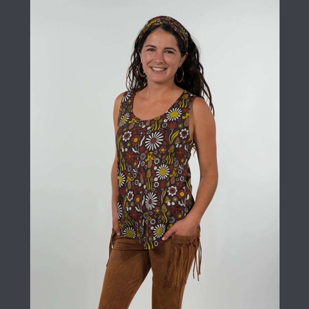 Boho Hippie Cotton Spandex Groovy Mushroom Print Tank Top - The Elevated Hippie