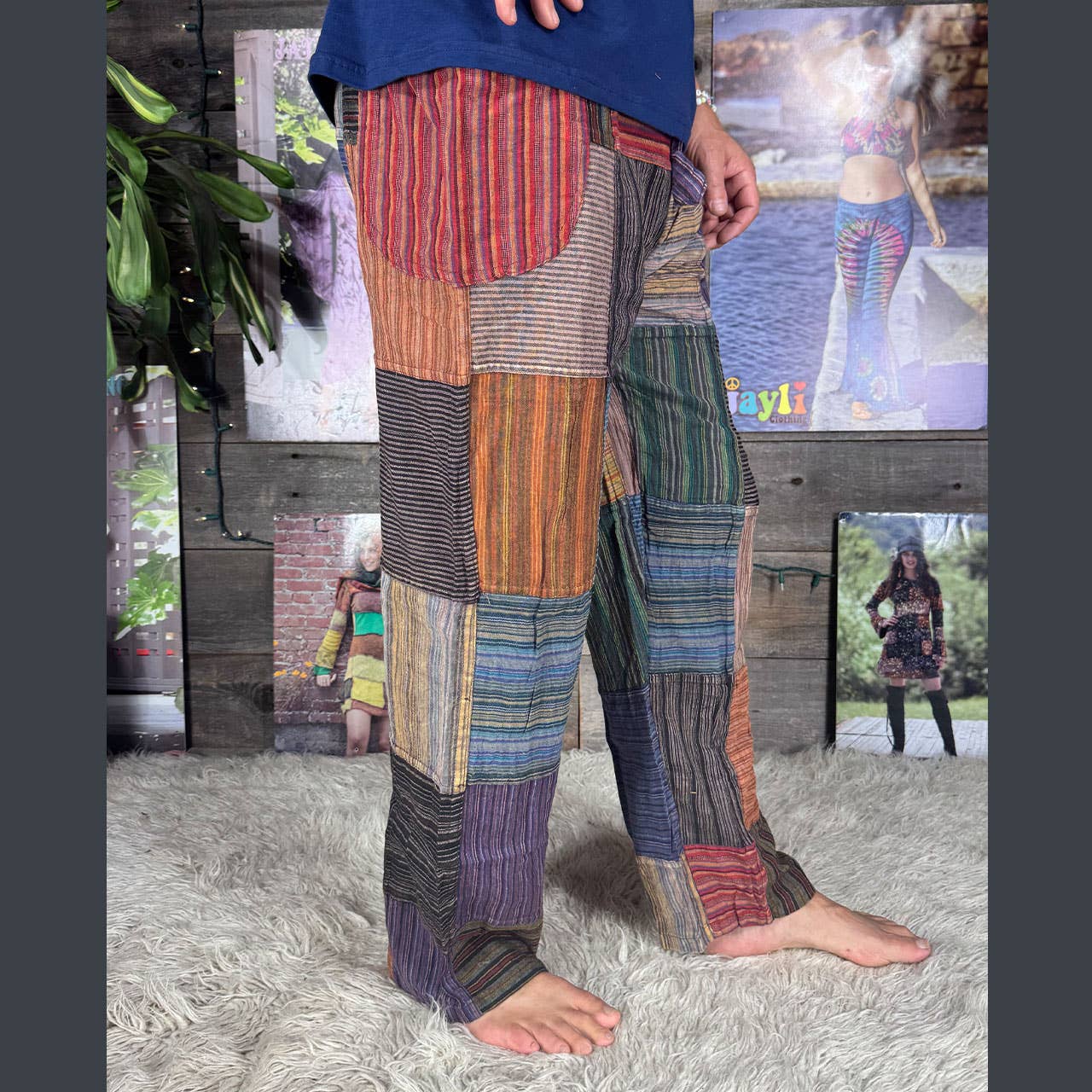 Striped Patchwork Zipper Pocket Pants Elastic Waist Hippie - The Elevated Hippie