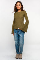 BELL BOTTOM LONG SLEEVE FLORAL JACQUARD KNIT TOP - The Elevated Hippie