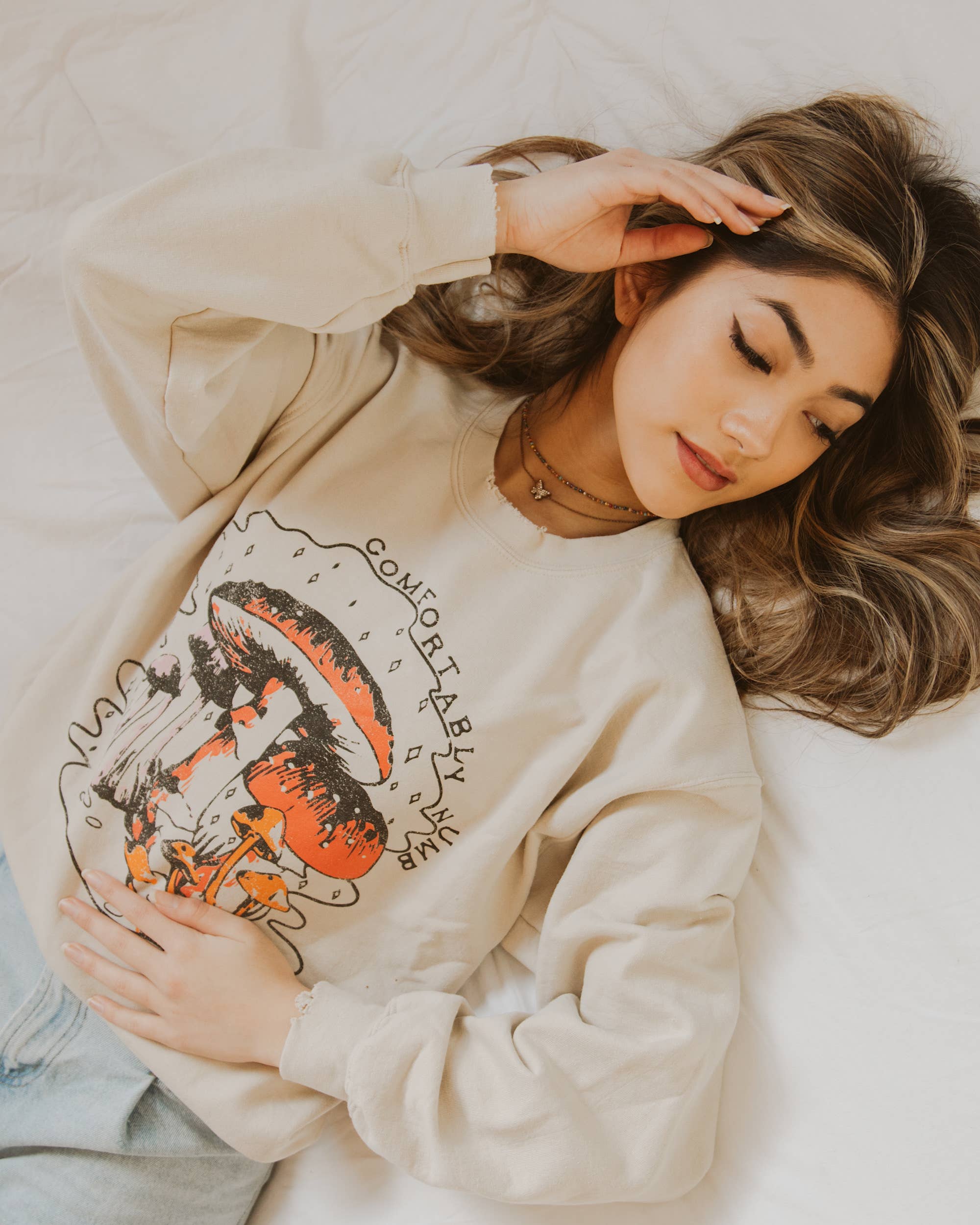 Comfortably Numb Sand Thrifted Graphic Sweatshirt - The Elevated Hippie