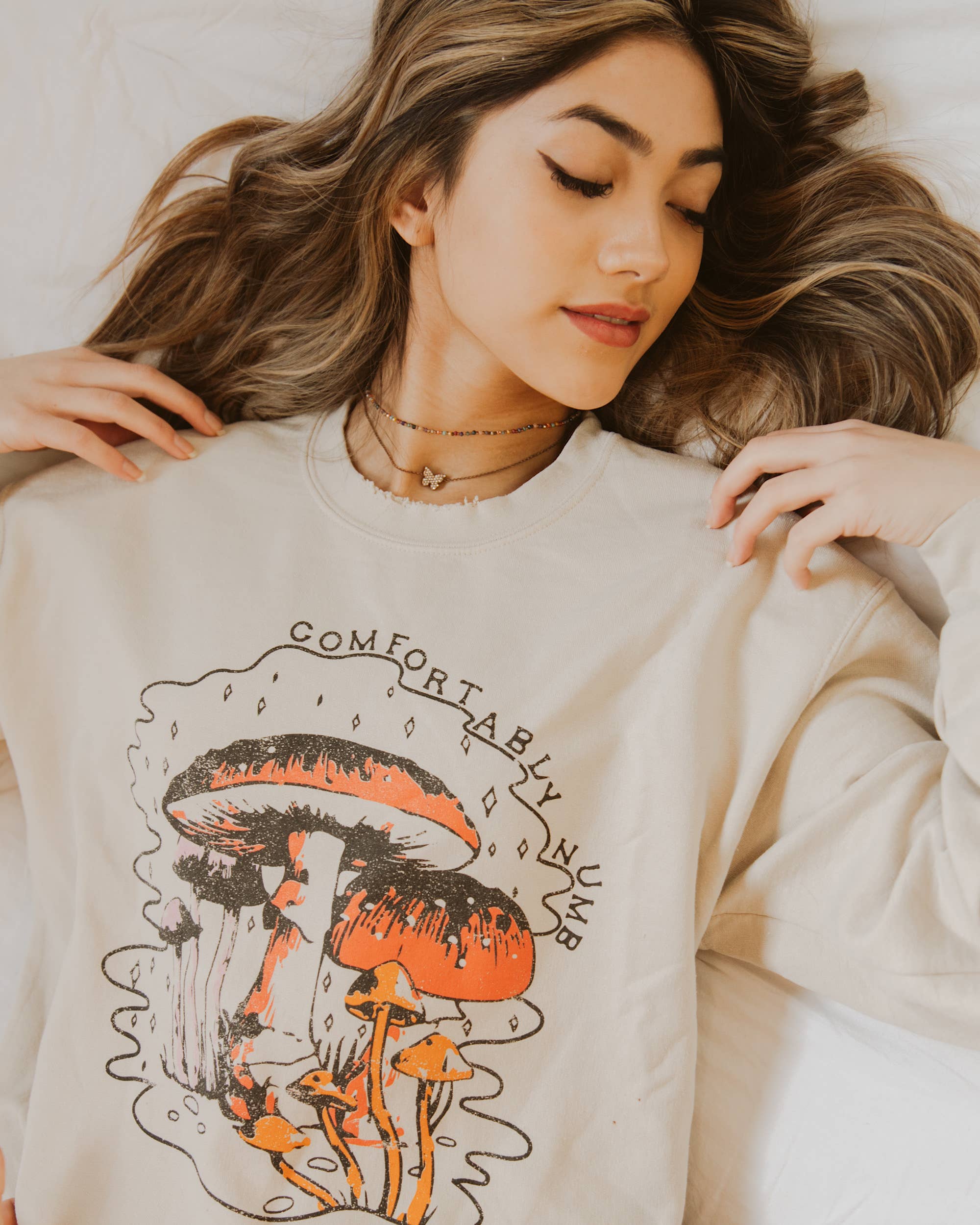 Comfortably Numb Sand Thrifted Graphic Sweatshirt - The Elevated Hippie