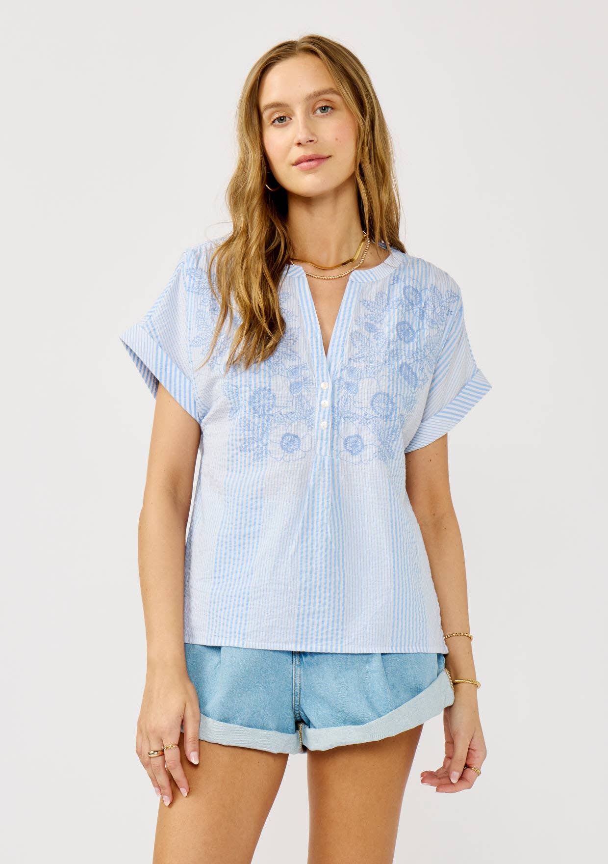 Striped Henley Embroidered Top - The Elevated Hippie