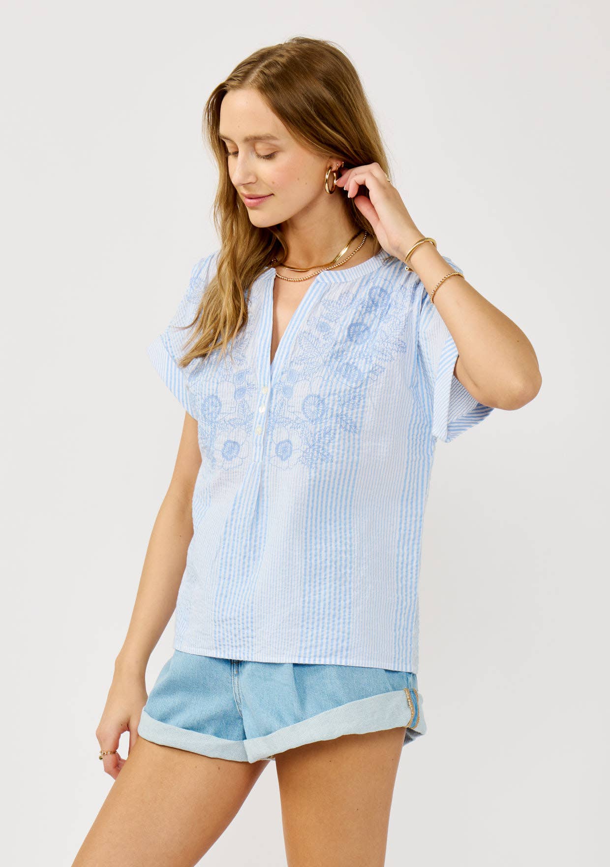 Striped Henley Embroidered Top - The Elevated Hippie
