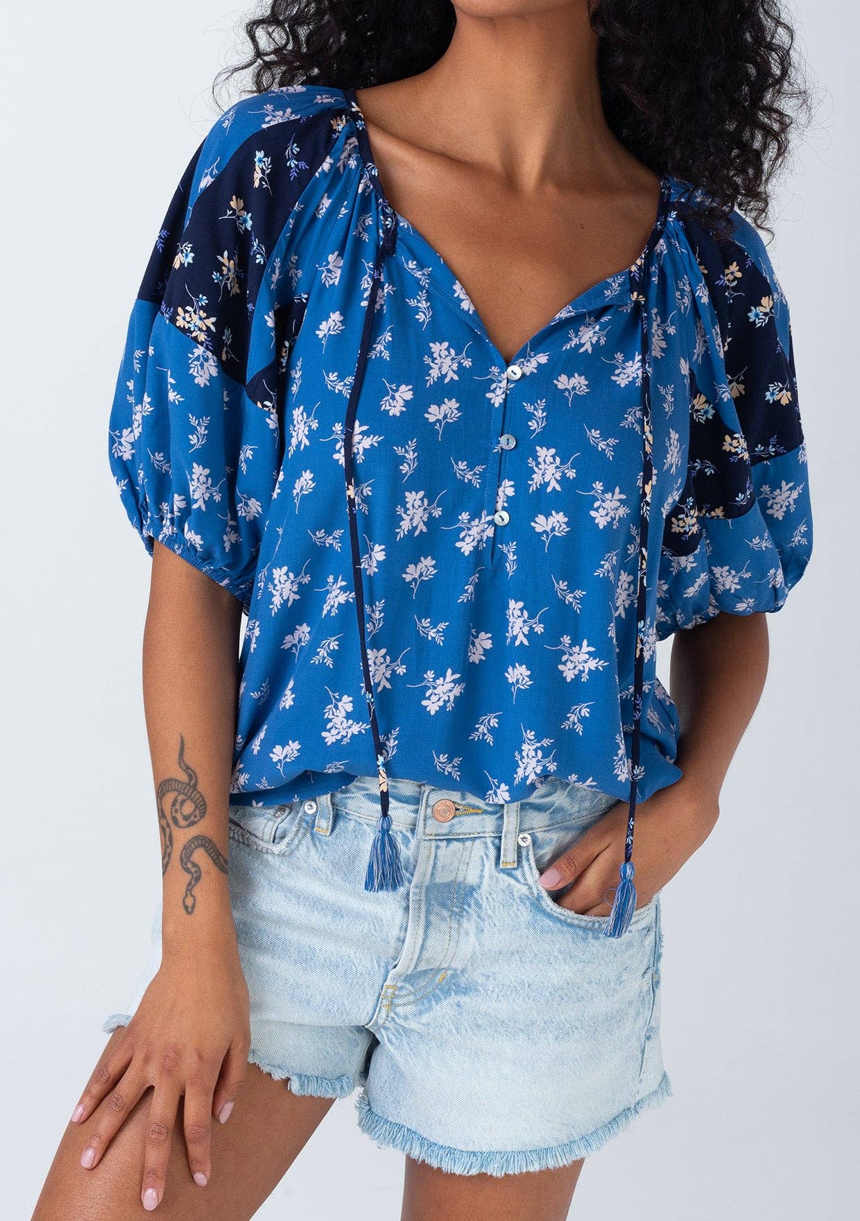 Floral Balloon Sleeve Tassel Tie Neck Blouse - The Elevated Hippie