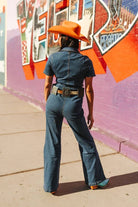 Mid Wash Stretch Denim Zip Up Short Sleeve Flare Jumpsuit - The Elevated Hippie