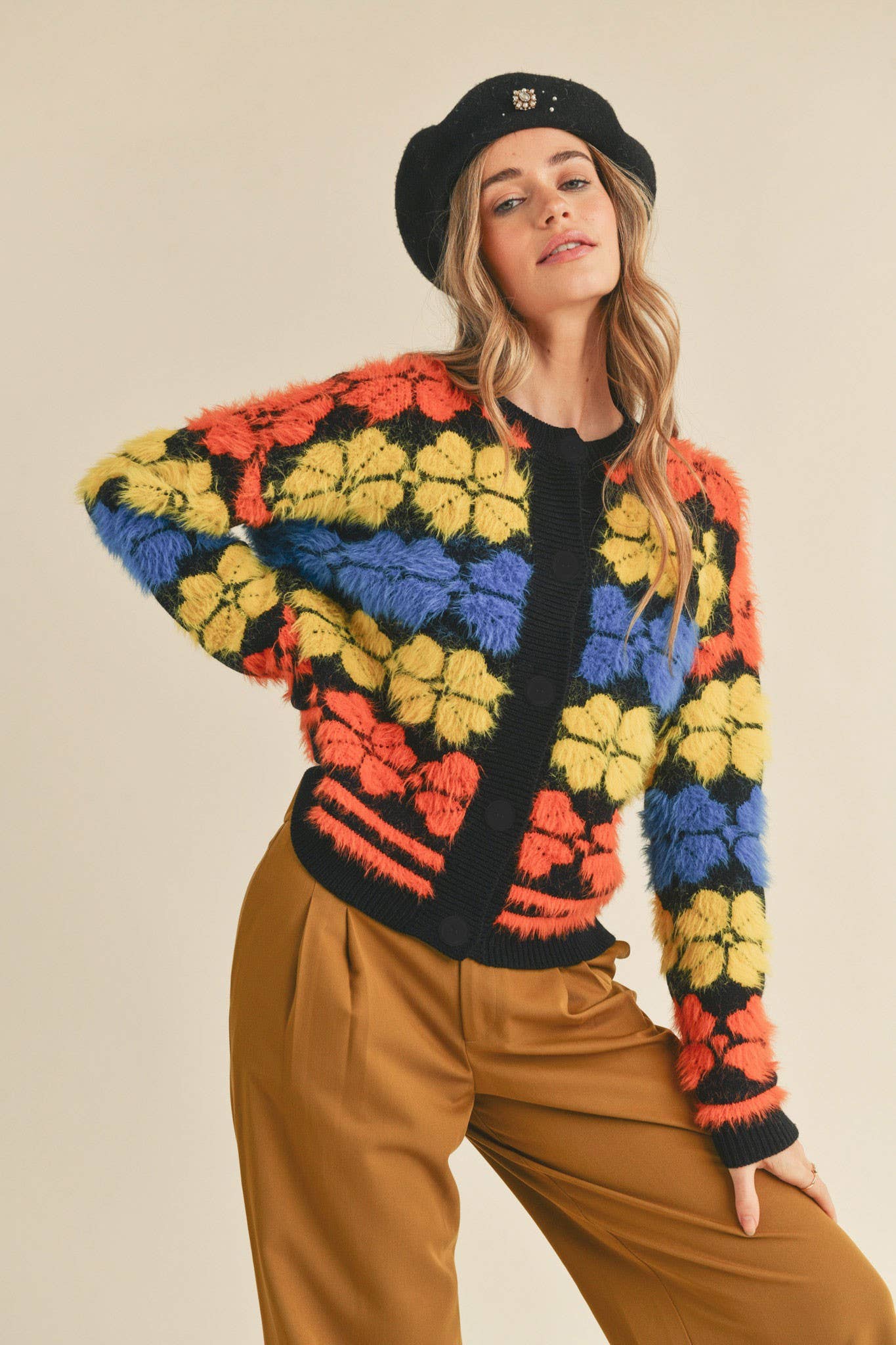 SHAGGY KNIT FLORAL SWEATER CARDIGAN MSW10343 - The Elevated Hippie