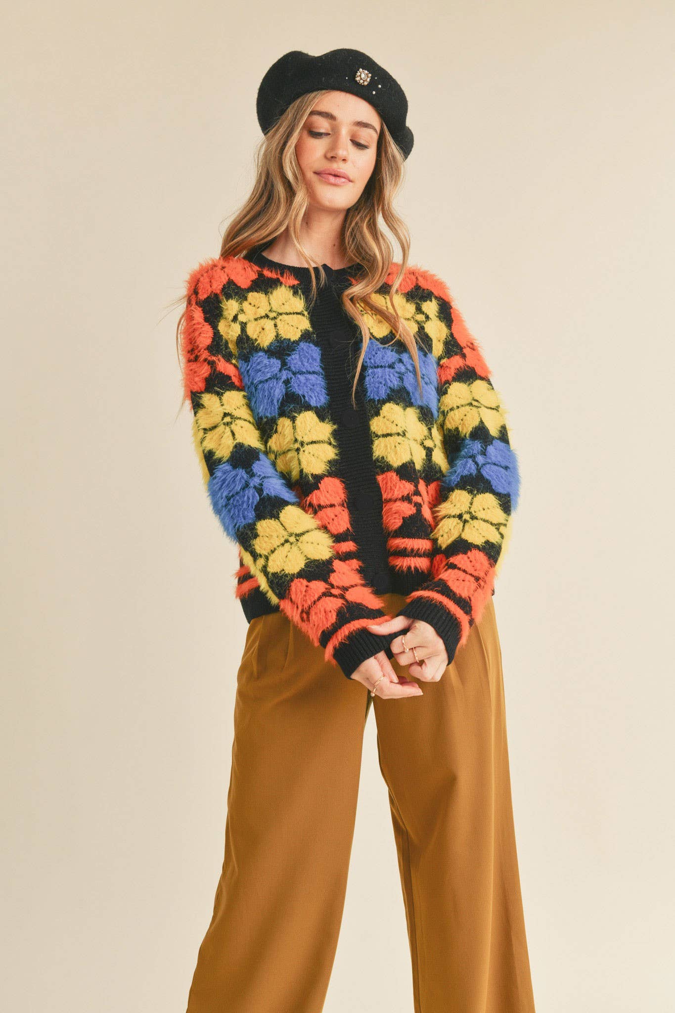 SHAGGY KNIT FLORAL SWEATER CARDIGAN MSW10343 - The Elevated Hippie