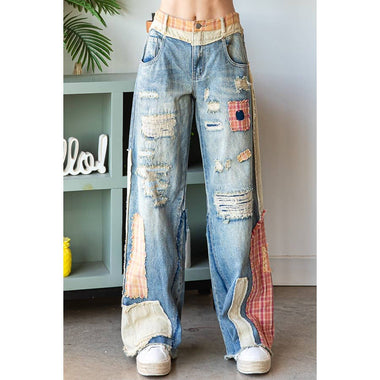 Oli and Hali PATCH DETAIL WIDE STRAIGHT DENIM PANTS - The Elevated Hippie