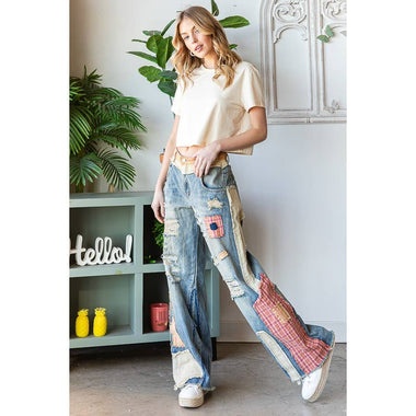 Oli and Hali PATCH DETAIL WIDE STRAIGHT DENIM PANTS - The Elevated Hippie