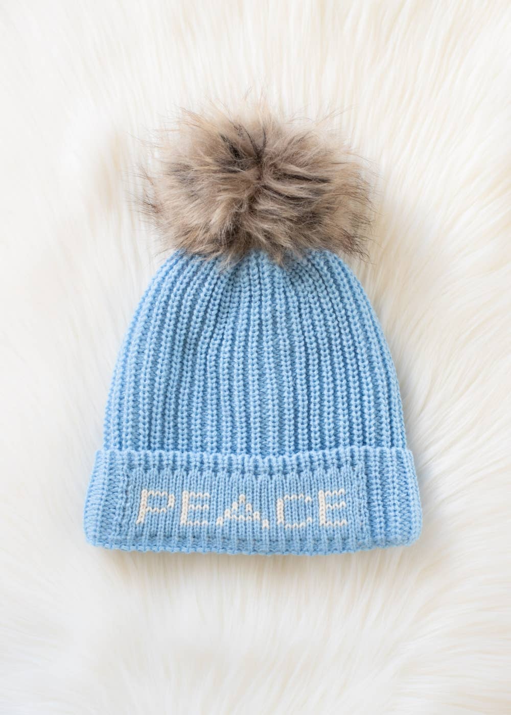 Lt. Blue Peace Knit Pom Hat Fleece Lined - The Elevated Hippie