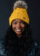 Mustard Diamond Cable Knit Pom Hat Fleece Lined - The Elevated Hippie