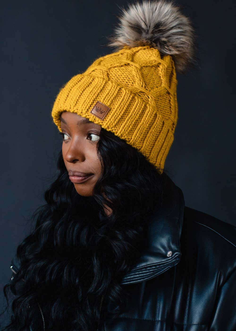 Mustard Diamond Cable Knit Pom Hat Fleece Lined - The Elevated Hippie