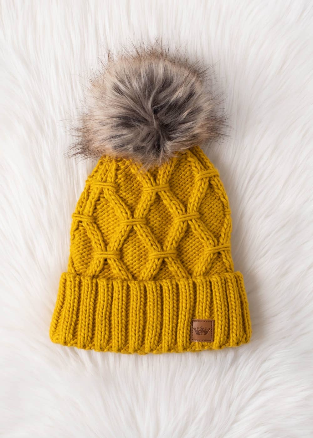 Mustard Diamond Cable Knit Pom Hat Fleece Lined - The Elevated Hippie