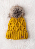 Mustard Diamond Cable Knit Pom Hat Fleece Lined - The Elevated Hippie
