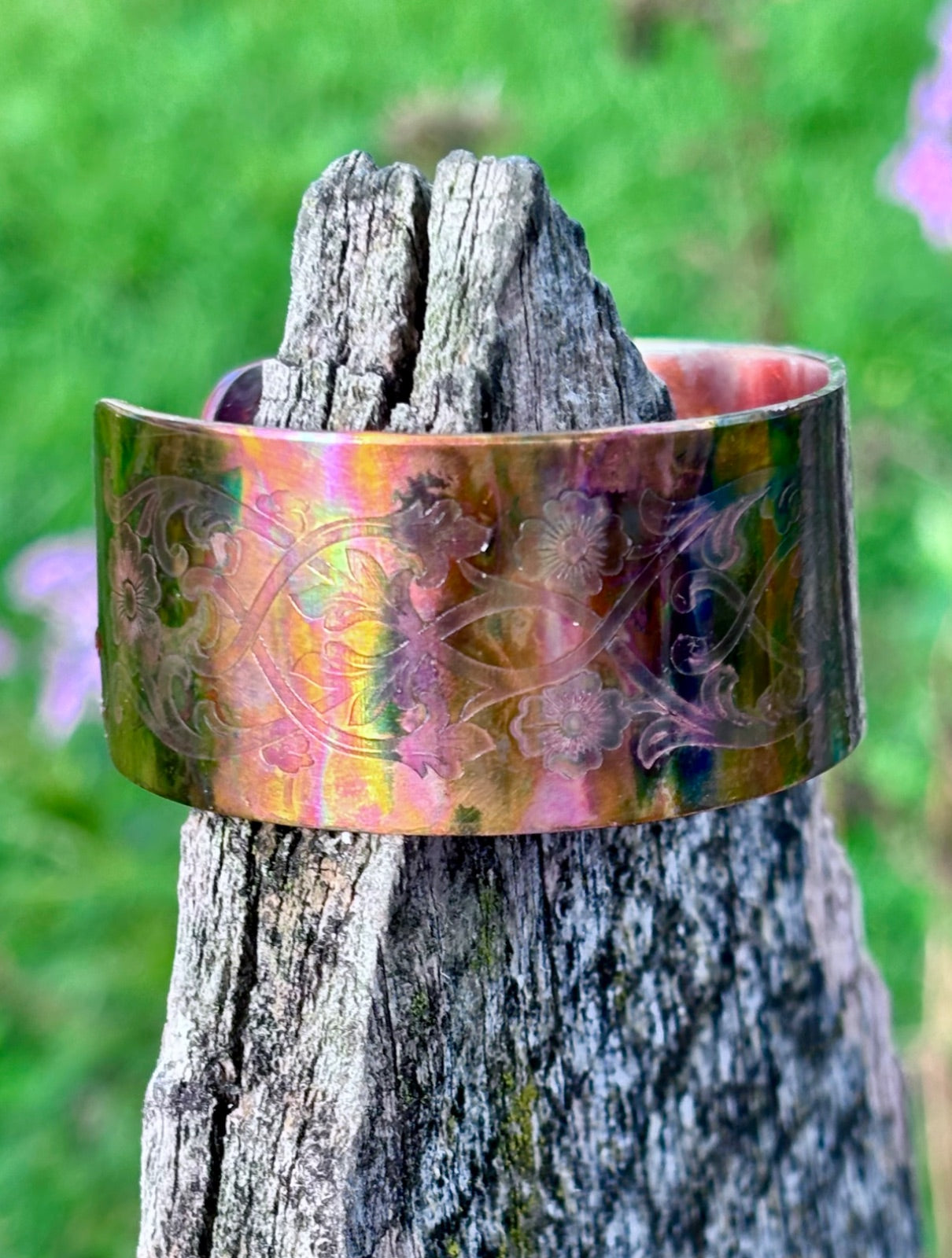 Fire painted copper cuff bracelet close-up of design