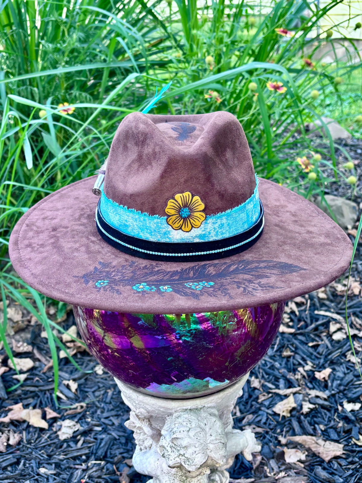 Brown Bling hat with Turquoise and Yellow rhinestones