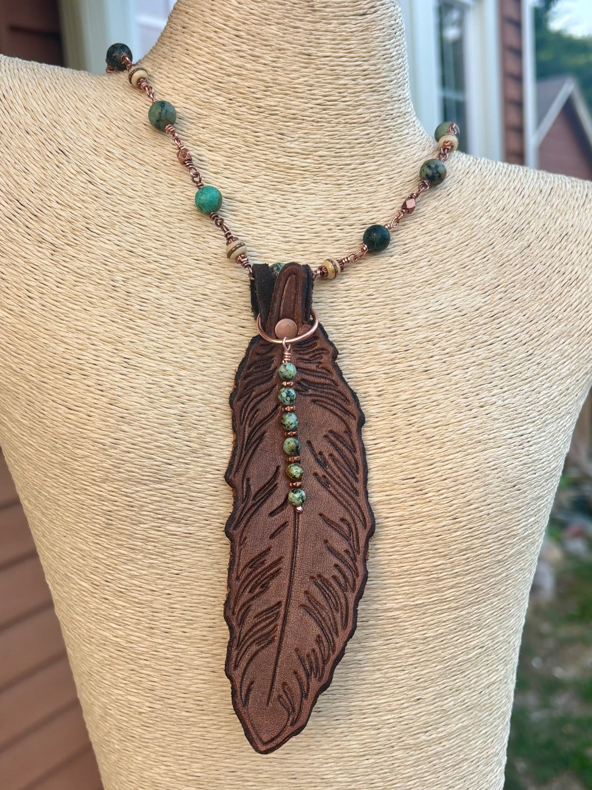 Turquoise and Leather Feather Copper Necklace 16"-18" adjustable