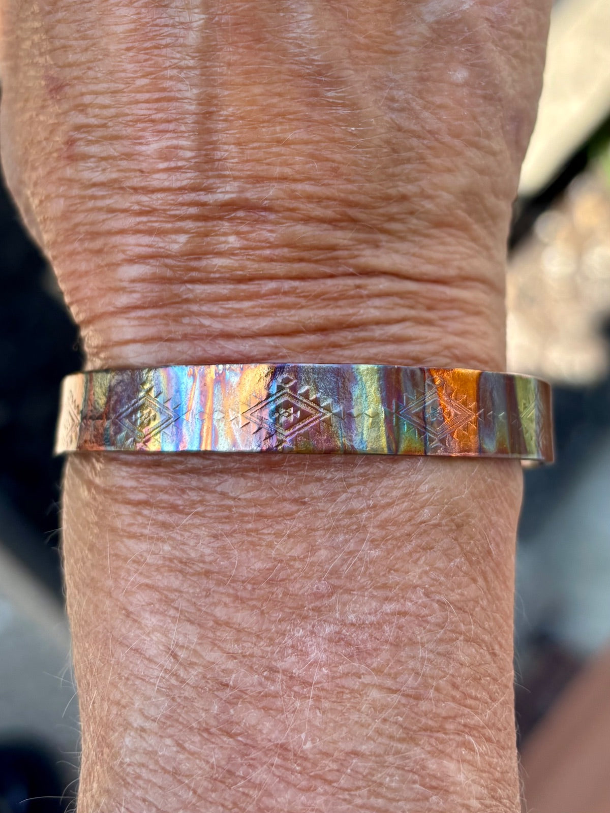 3/8" Fire Painted Copper Navajo imprinted Cuff Bracelet