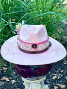 Pink Floral hat with Brown Leather