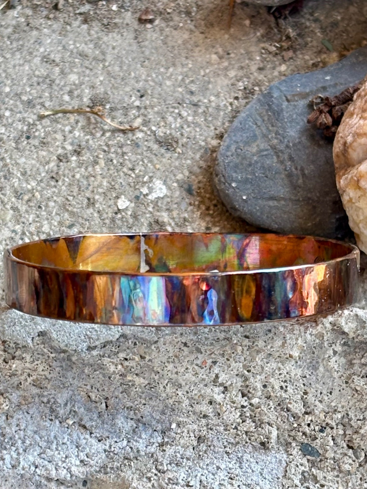 3/8" Fire Painted Hammered Copper Bangle Bracelet