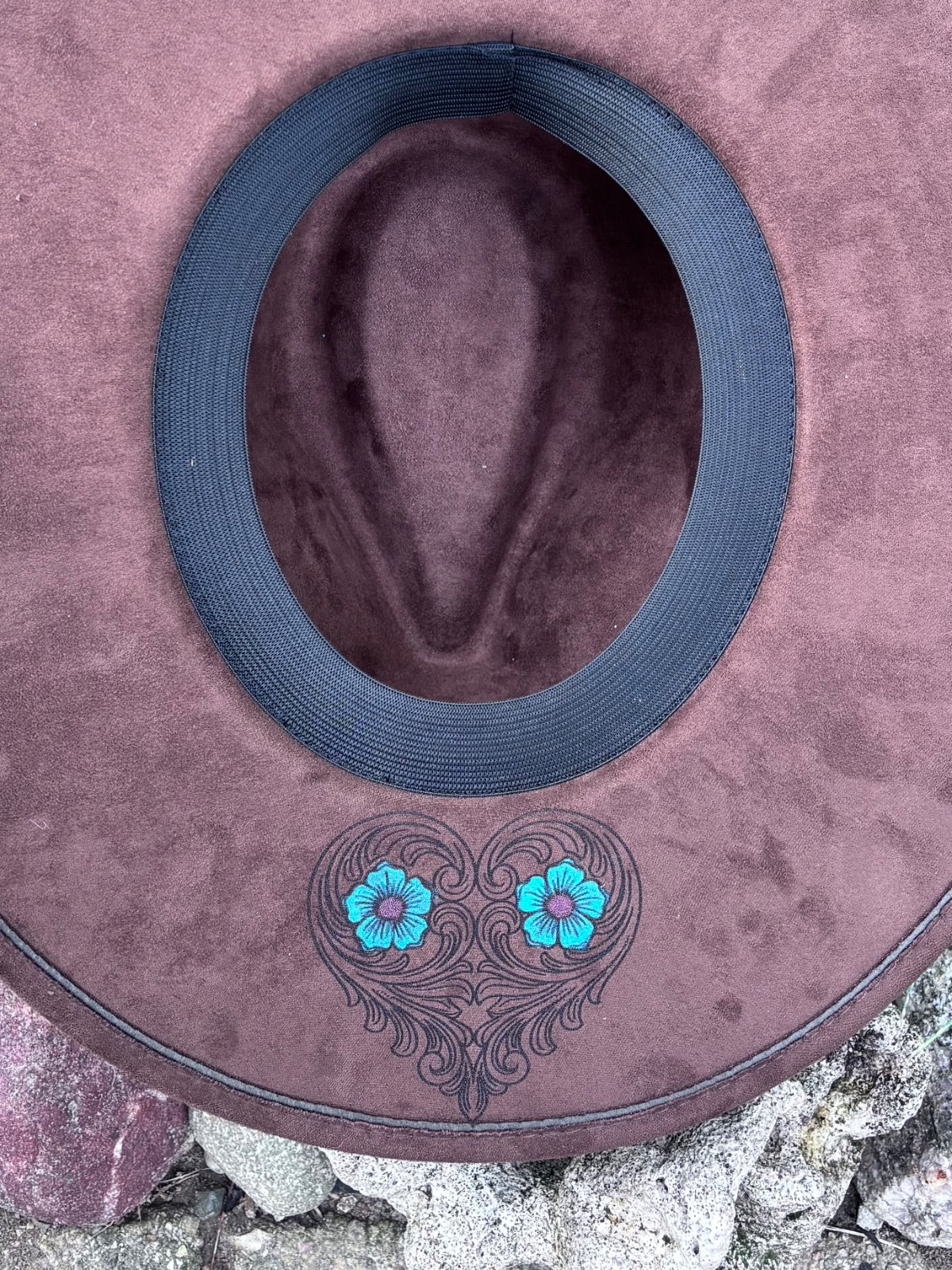 Brown with Turquoise Flowers Vegan Suede Ranchers Hat