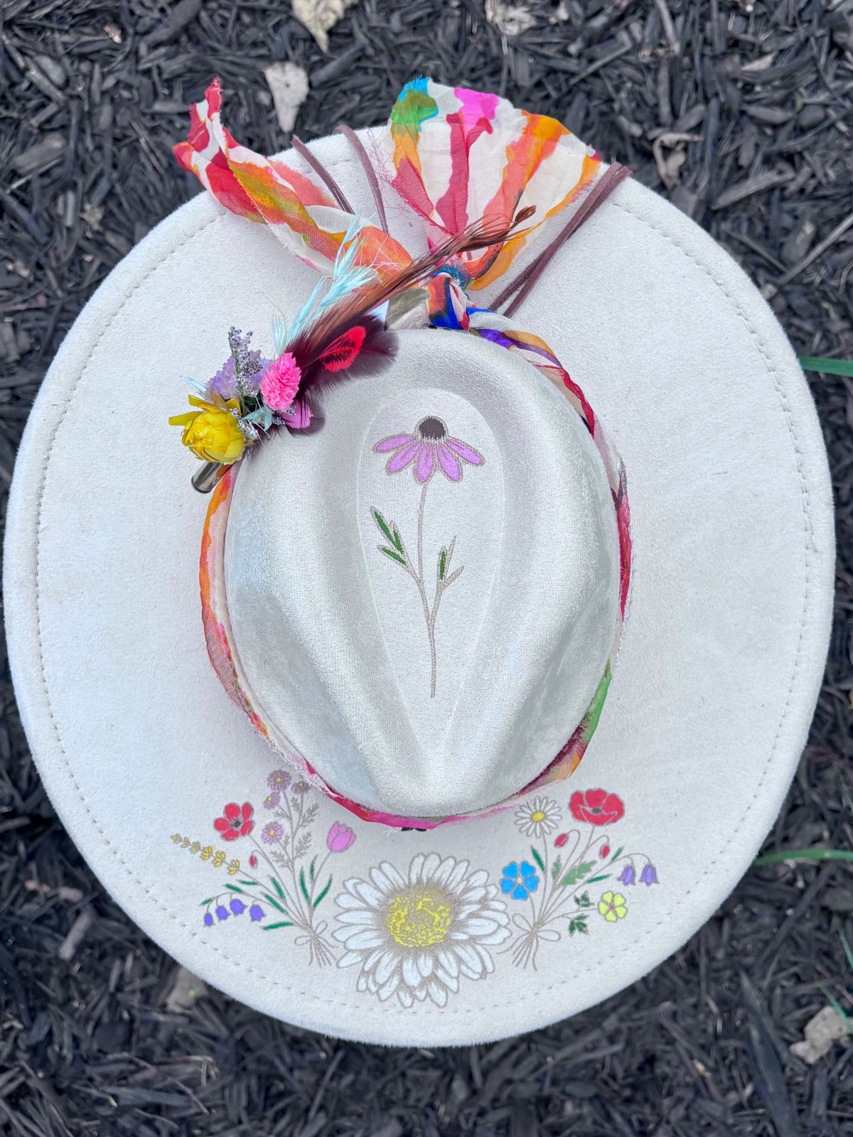 Close-up of hand-painted wildflower design on rancher hat brim