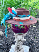 Brown turquoise flower vegan suede rancher hat worn, styled shot