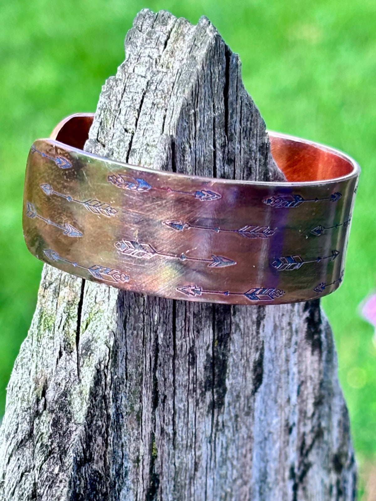 Fire painted copper cuff bracelet color detail