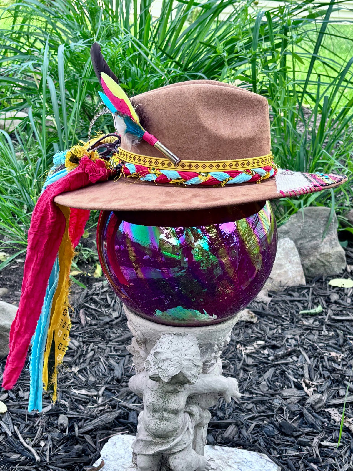Back view of southwest aztec vegan suede rancher hat