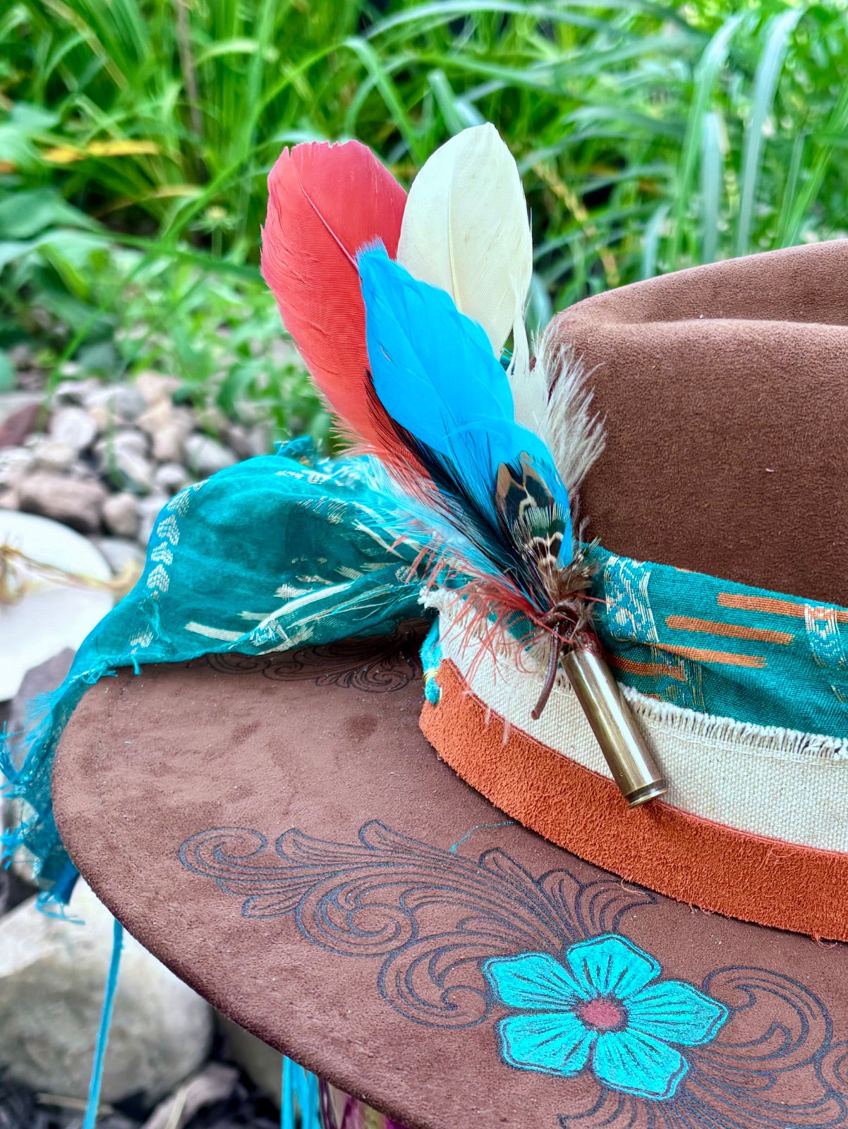 Back view of brown turquoise flower vegan suede rancher hat