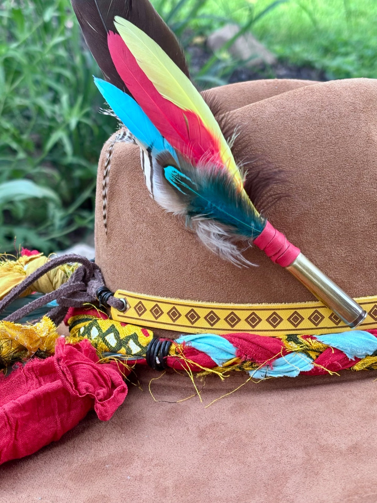 Layered hatband detail on southwest aztec rancher hat