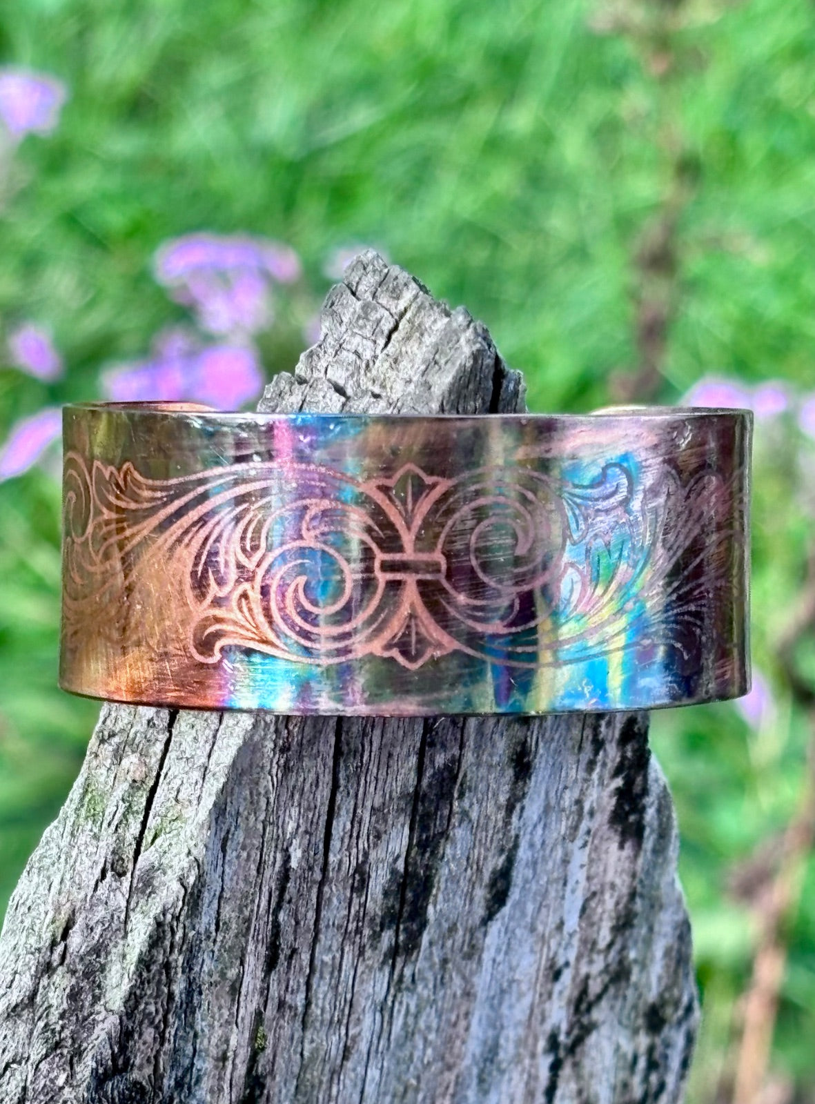 Fire painted copper cuff bracelet, top-down view