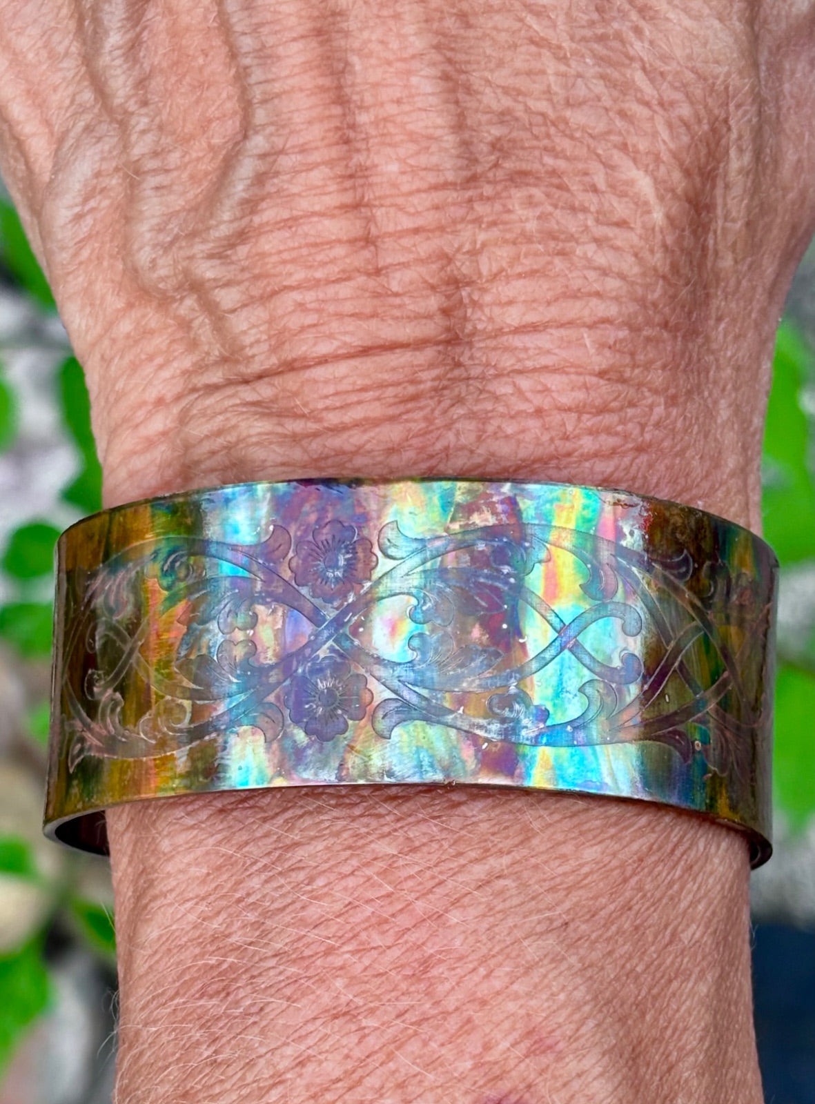 Fire painted copper cuff bracelet edge detail