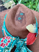 Turquoise flower vegan suede rancher hat, top-down view