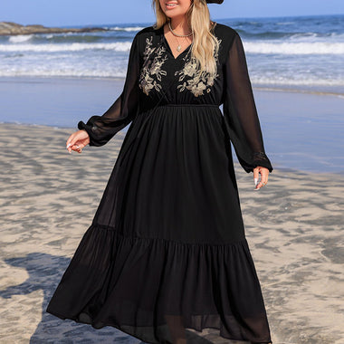 Plus Size Embroidered Tie Neck Long Sleeve Dress – Timeless Elegance with Boho Charms - The Elevated Hippie