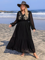 Plus Size Embroidered Tie Neck Long Sleeve Dress – Timeless Elegance with Boho Charms - The Elevated Hippie