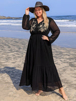 Plus Size Embroidered Tie Neck Long Sleeve Dress – Timeless Elegance with Boho Charms - The Elevated Hippie
