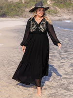 Plus Size Embroidered Tie Neck Long Sleeve Dress – Timeless Elegance with Boho Charms - The Elevated Hippie