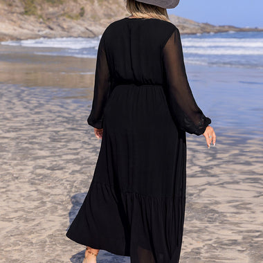 Plus Size Embroidered Tie Neck Long Sleeve Dress – Timeless Elegance with Boho Charms - The Elevated Hippie