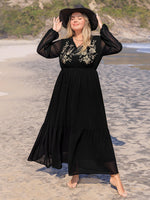 Plus Size Embroidered Tie Neck Long Sleeve Dress – Timeless Elegance with Boho Charms - The Elevated Hippie