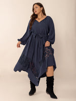 Plus Size Lace Detail Tie Neck Long Sleeve Midi Dress – Boho Elegance with a Feminine Touch - The Elevated Hippie