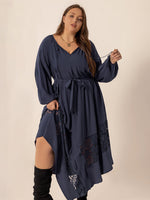 Plus Size Lace Detail Tie Neck Long Sleeve Midi Dress – Boho Elegance with a Feminine Touch - The Elevated Hippie