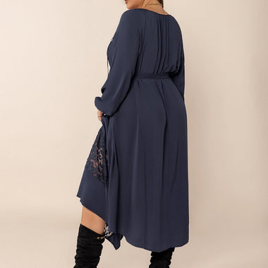 Plus Size Lace Detail Tie Neck Long Sleeve Midi Dress – Boho Elegance with a Feminine Touch - The Elevated Hippie