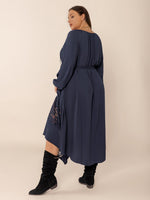 Plus Size Lace Detail Tie Neck Long Sleeve Midi Dress – Boho Elegance with a Feminine Touch - The Elevated Hippie