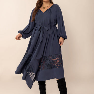 Plus Size Lace Detail Tie Neck Long Sleeve Midi Dress – Boho Elegance with a Feminine Touch - The Elevated Hippie