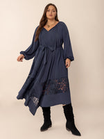 Plus Size Lace Detail Tie Neck Long Sleeve Midi Dress – Boho Elegance with a Feminine Touch - The Elevated Hippie