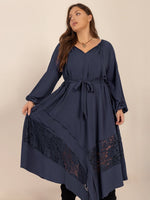 Plus Size Lace Detail Tie Neck Long Sleeve Midi Dress – Boho Elegance with a Feminine Touch - The Elevated Hippie