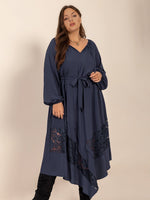 Plus Size Lace Detail Tie Neck Long Sleeve Midi Dress – Boho Elegance with a Feminine Touch - The Elevated Hippie