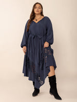 Plus Size Lace Detail Tie Neck Long Sleeve Midi Dress – Boho Elegance with a Feminine Touch - The Elevated Hippie