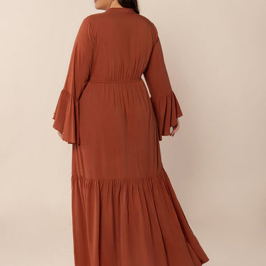 Plus Size Ruffled Notched Long Sleeve Midi Dress – Graceful, Flowy & Full of Boho Charm - The Elevated Hippie
